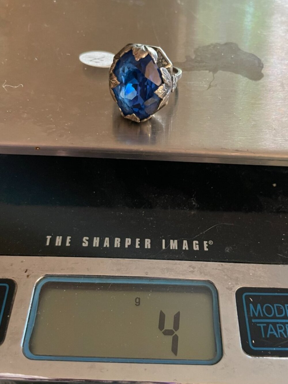 Vintage Silver Ring Signed Blue Glass ? Statement Size 7 Retro Cocktail Ring - Picture 12 of 15